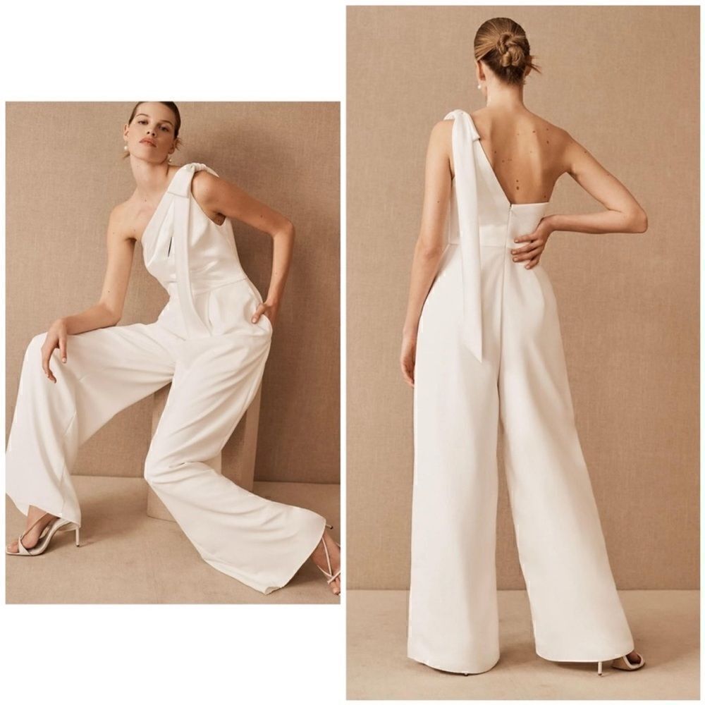 AMSALE Lottie LW194 One-shoulder Jumpsuit Ivory $550 Sach Bow is missing